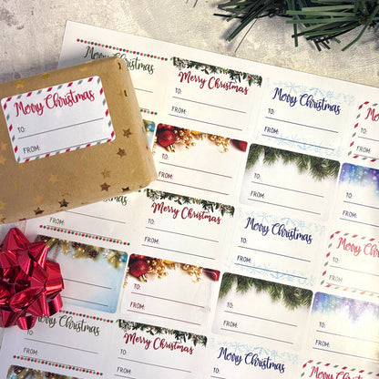 Collection of Christmas-themed gift tags with decorative elements on a textured surface.