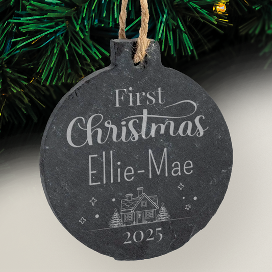 Personalised First Christmas Slate Bauble - 70mm