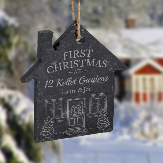 Personalised 'First Christmas' Slate House Bauble - 65mm x 75mm