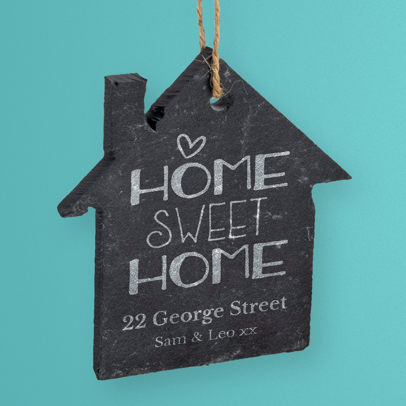 House-shaped slate sign with 'Home Sweet Home' text with space to personalise with address and names