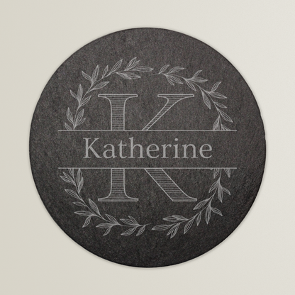 Round slate coaster with white monogram and name 'Katherine'