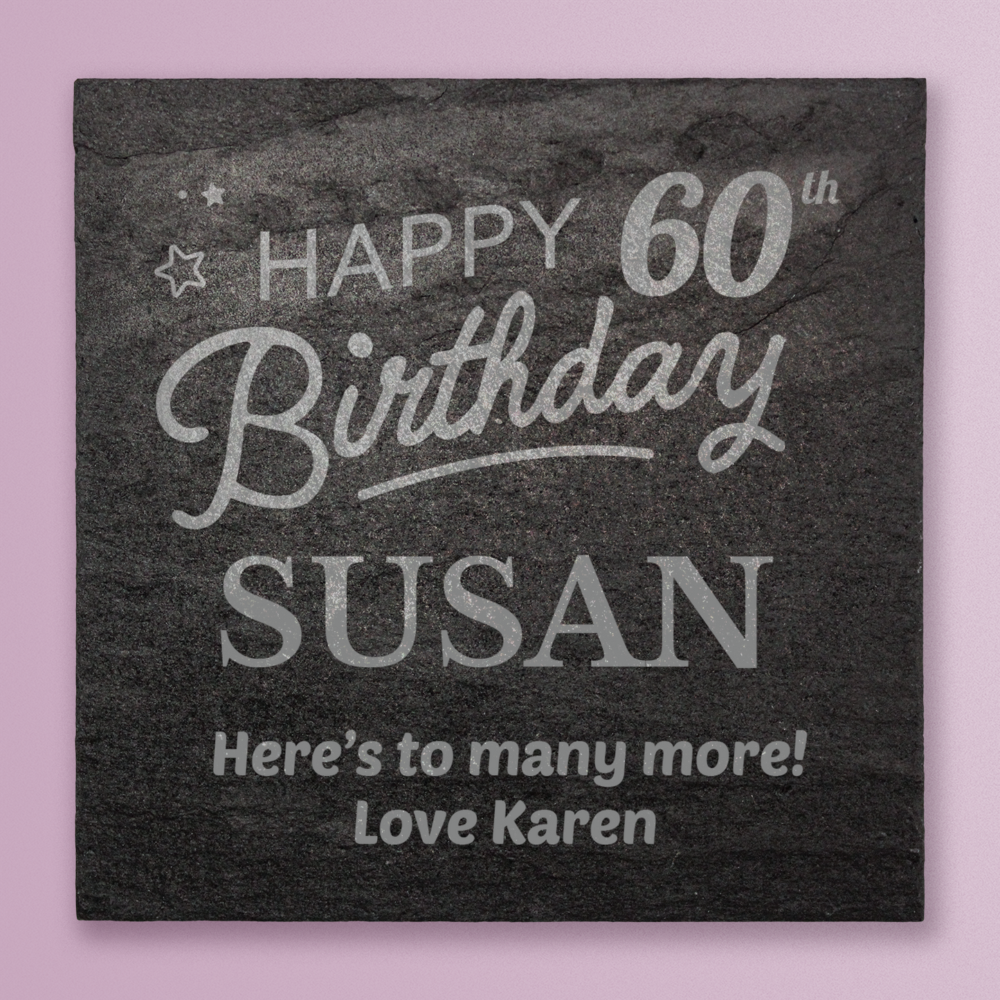 Personalized birthday card for Susan on a dark slate with white text.