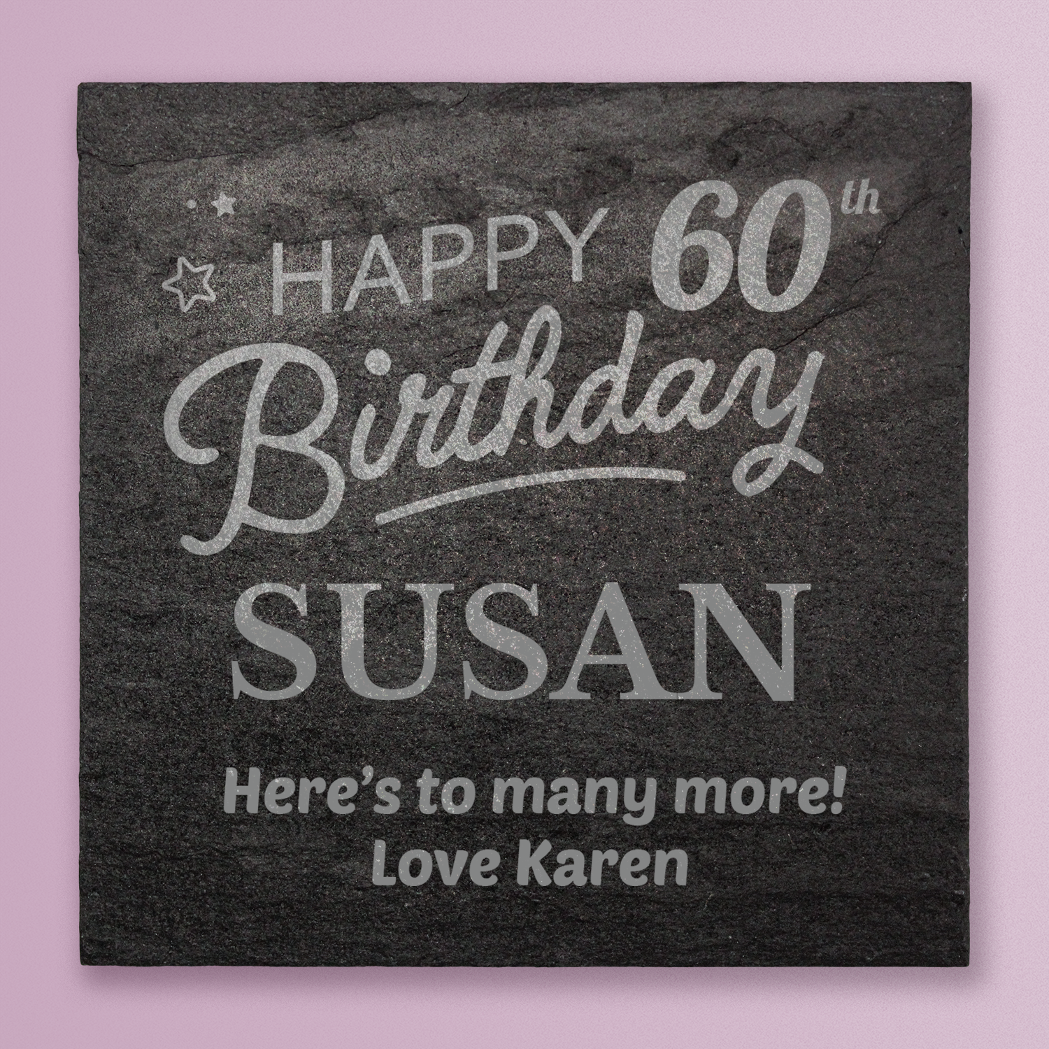 Personalized birthday card for Susan on a dark slate with white text.