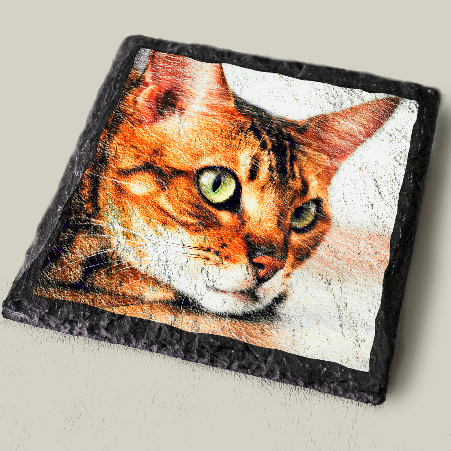 Slate coaster with a photo of a cat printed onto it.