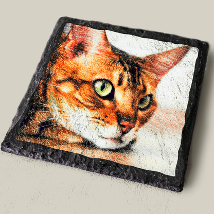 Slate coaster with a photo of a cat printed onto it.
