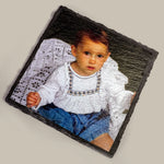 Child's photo printed on a slate coaster with natural finish