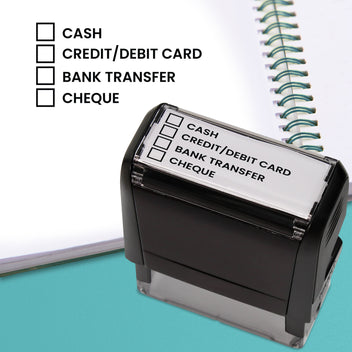 A personalised self-inking stamp with a customisable label displaying four black tick boxes, each followed by the space to add personalised text for use such as how an invoice has been paid.