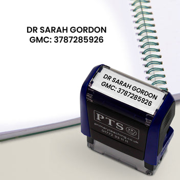 Rectangular self-inking stamper measuring 38mm by 14mm, featuring customisable text such as a healthcare professional's name and registration number; designed for medical documentation and administrative use.  Stamps black ink.
