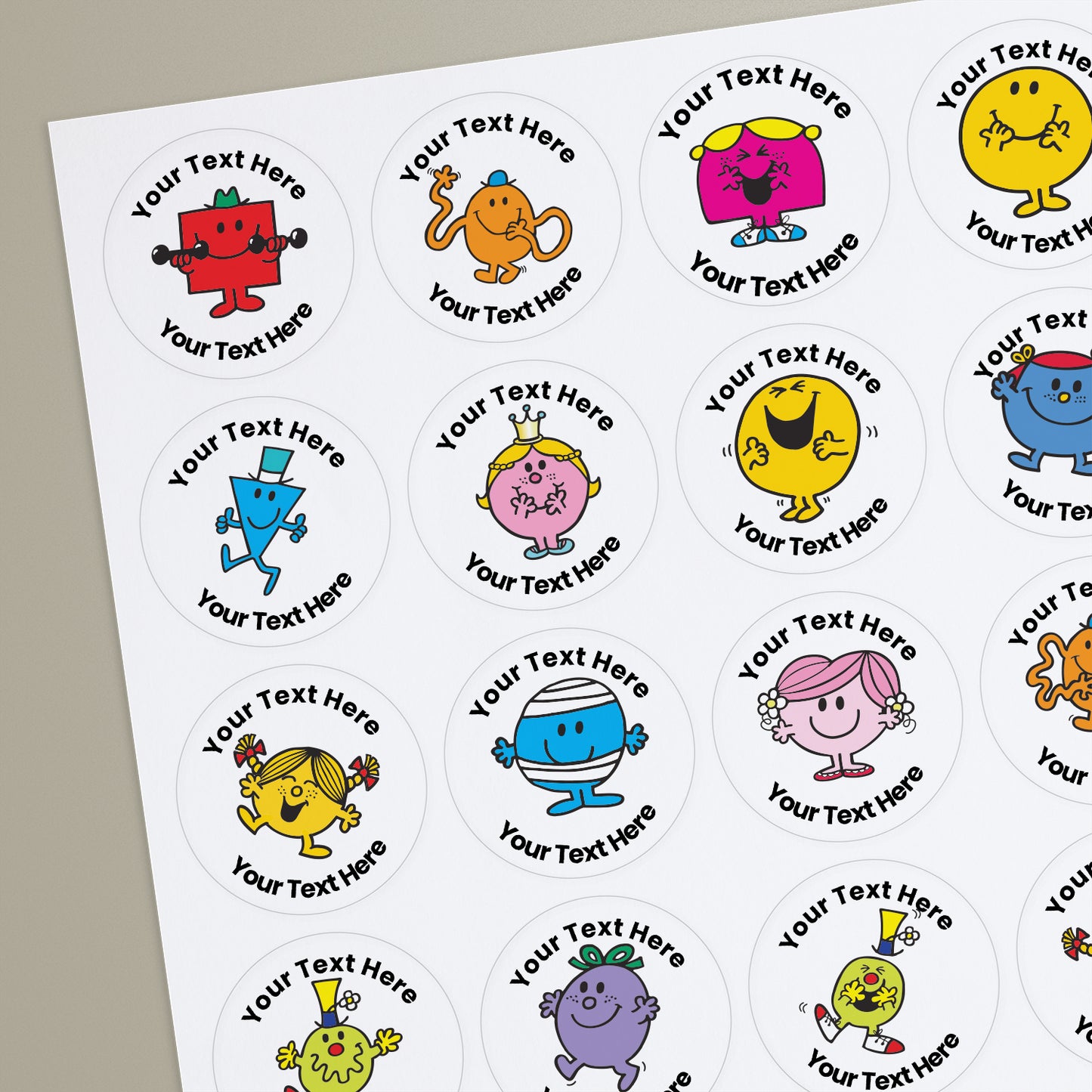 35 Personalised Jellybean Scented Mr Men & Little Miss Stickers - Optician - 37mm