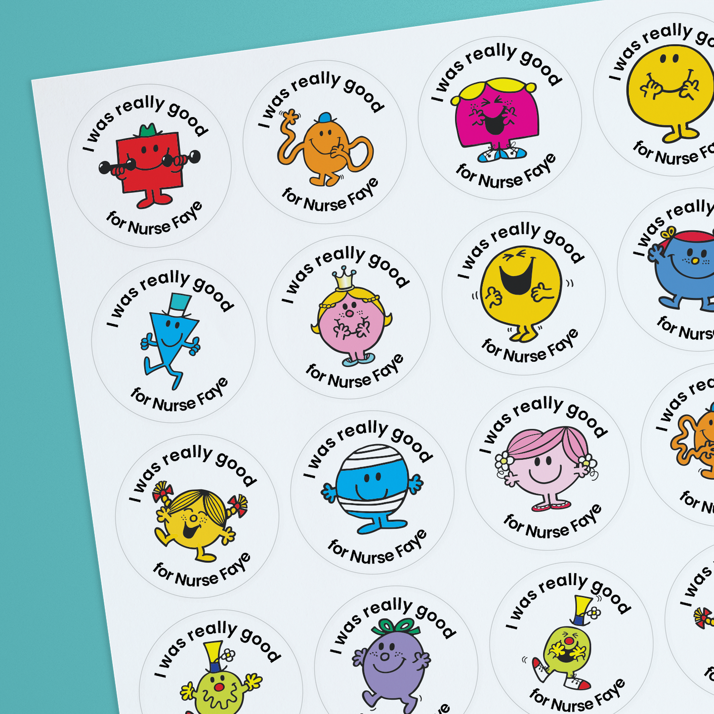 35 Personalised Jellybean Scented Mr Men & Little Miss Stickers - Optician - 37mm