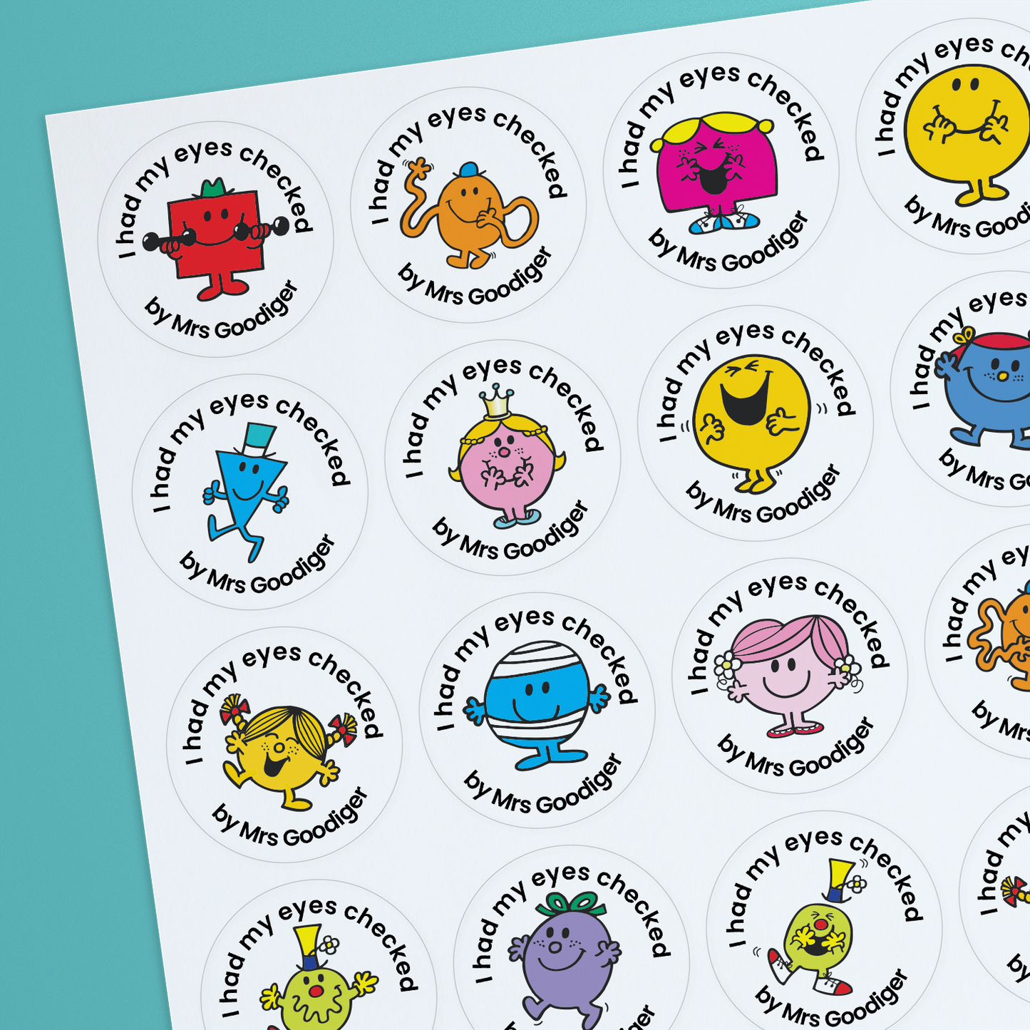 35 Personalised Jellybean Scented Mr Men & Little Miss Stickers - Optician - 37mm