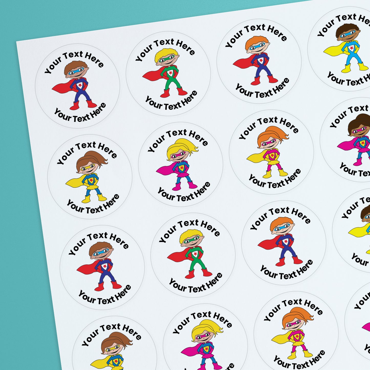 35 Personalised Sherbet Scented Super Hero Stickers - Optician - 37mm