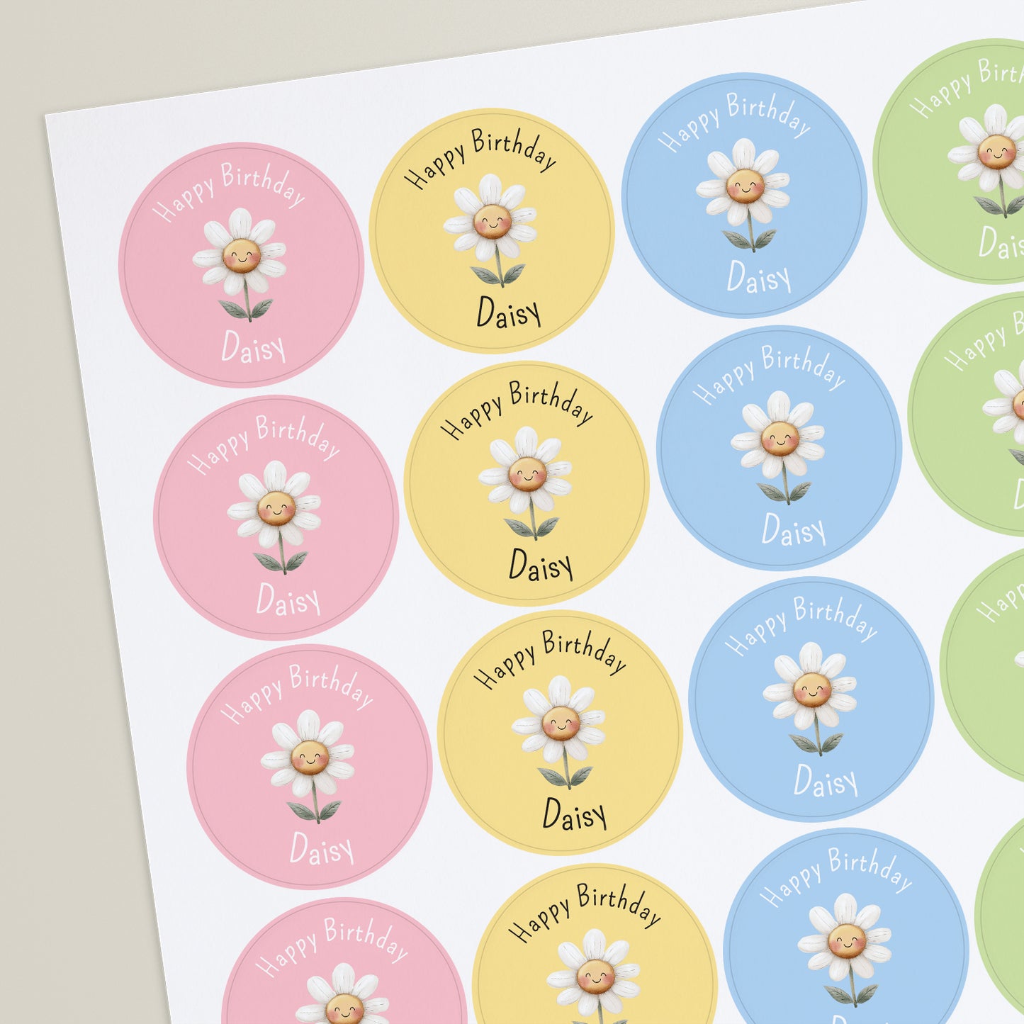 Sheet of round stickers with daisy design and 'Happy Birthday Daisy' text on a white background.