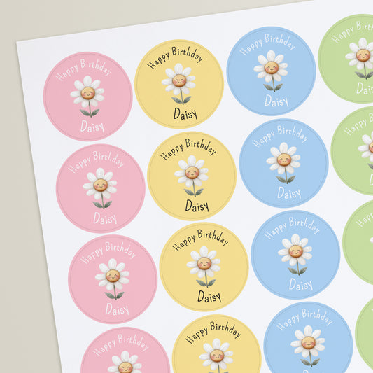 Sheet of round stickers with daisy design and 'Happy Birthday Daisy' text on a white background.