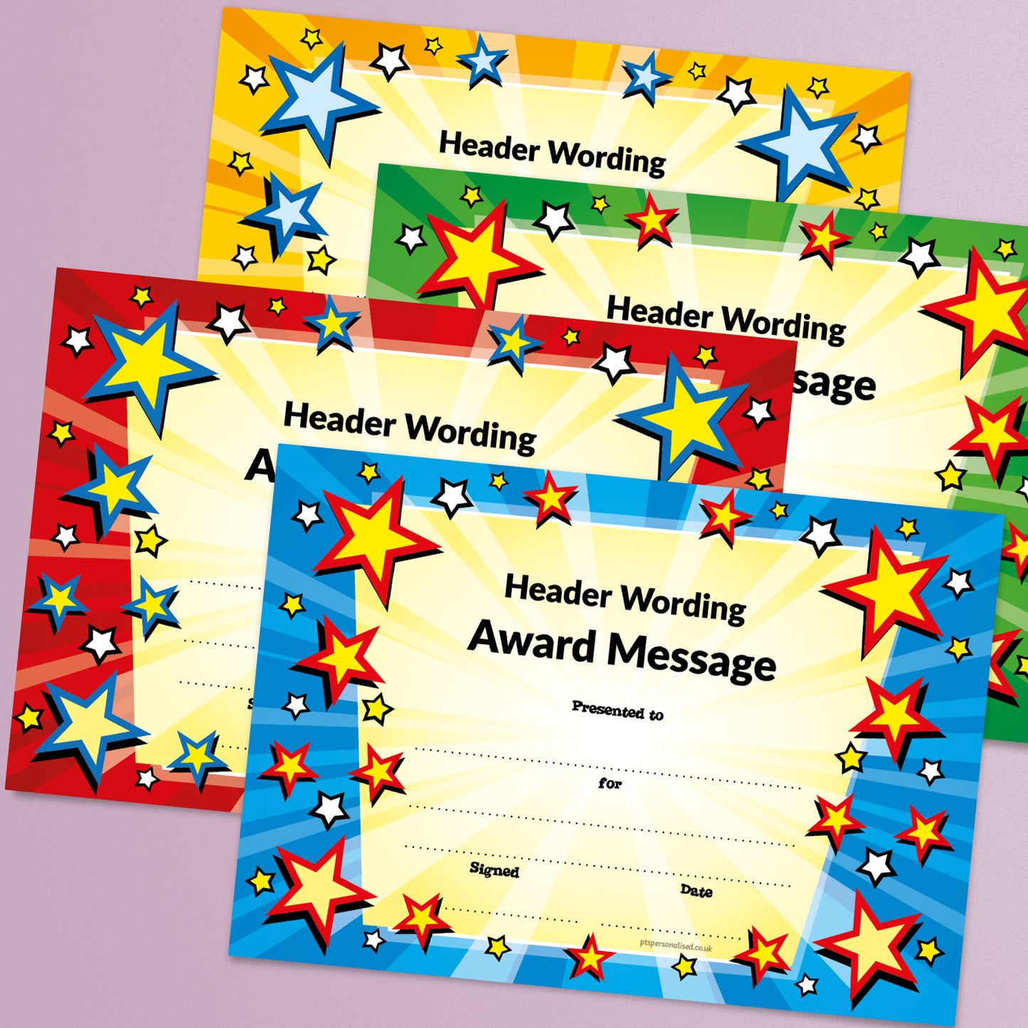 A set of colourful award certificates with a star burst design and customisable text placeholder for personalisation.