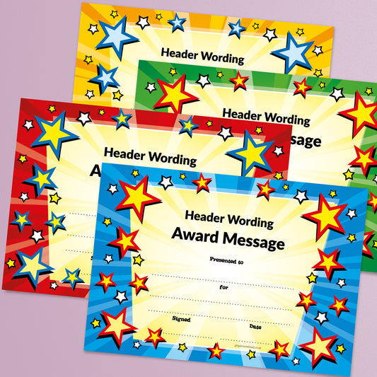 A set of colourful award certificates with a star burst design and customisable text placeholder for personalisation.