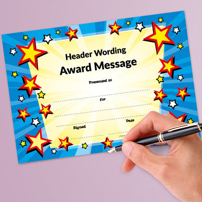 A colourful blue award certificate with a star burst design and customisable text placeholder for personalisation. Hand with pen.