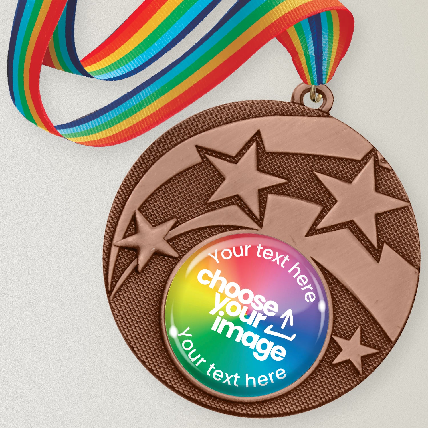 Bronze medal with stars and customizable text and image area with rainbow ribbon.