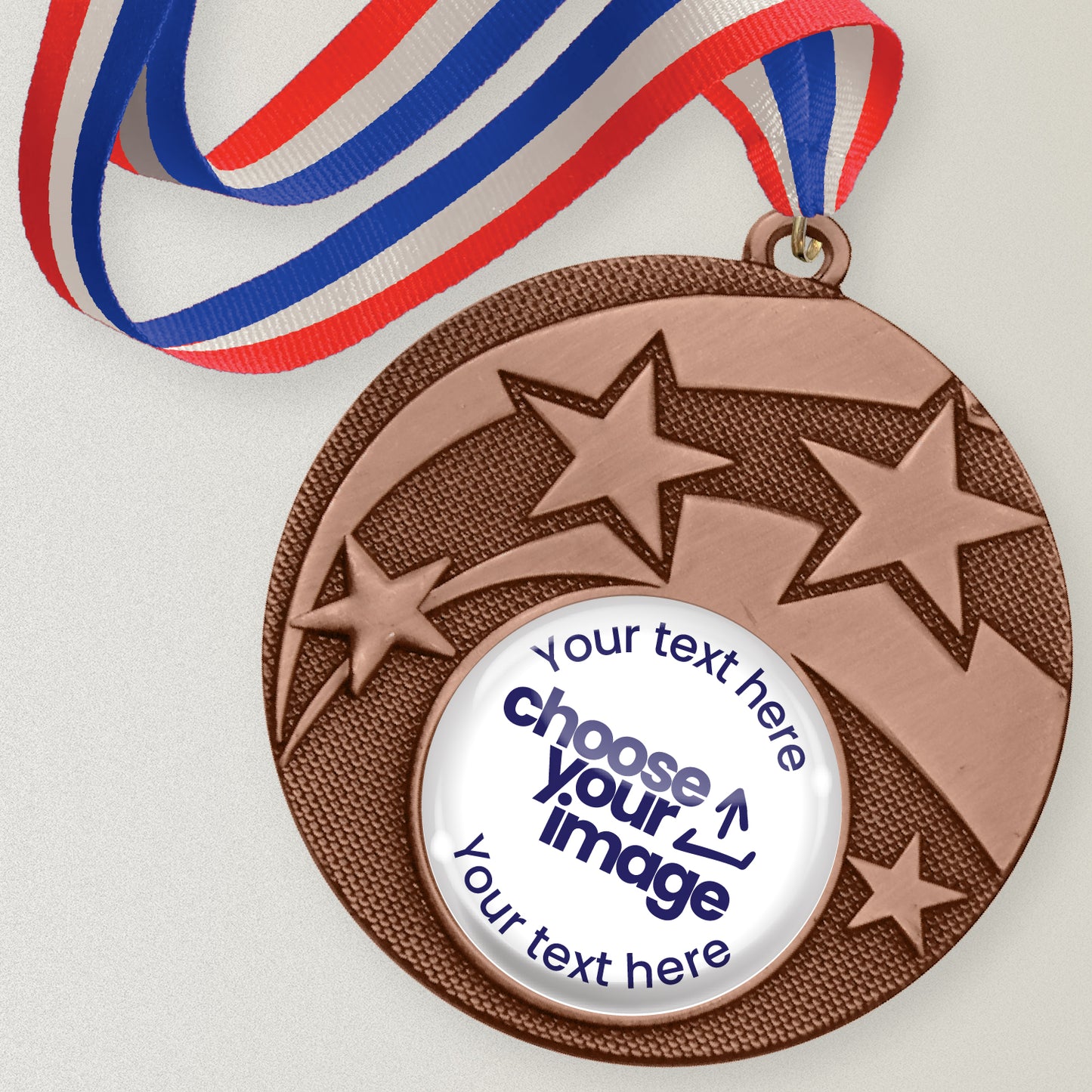 Bronze medal with stars and customizable text and image area with red, white and blue ribbon.