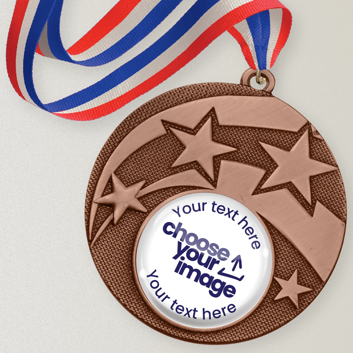 Bronze medal with stars and customizable text and image area with red, white and blue ribbon.