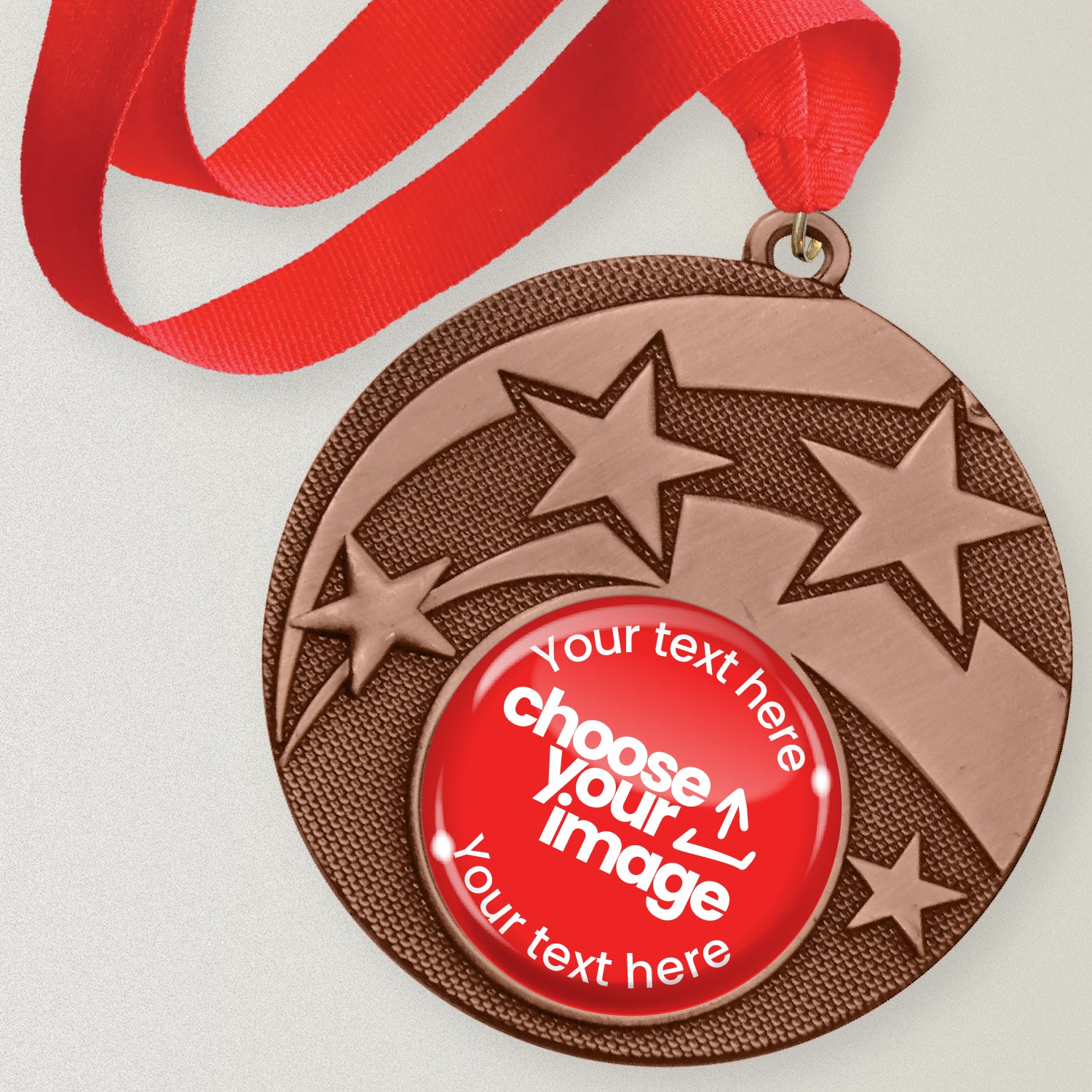 Bronze medal with stars and customizable text and image area with red ribbon.