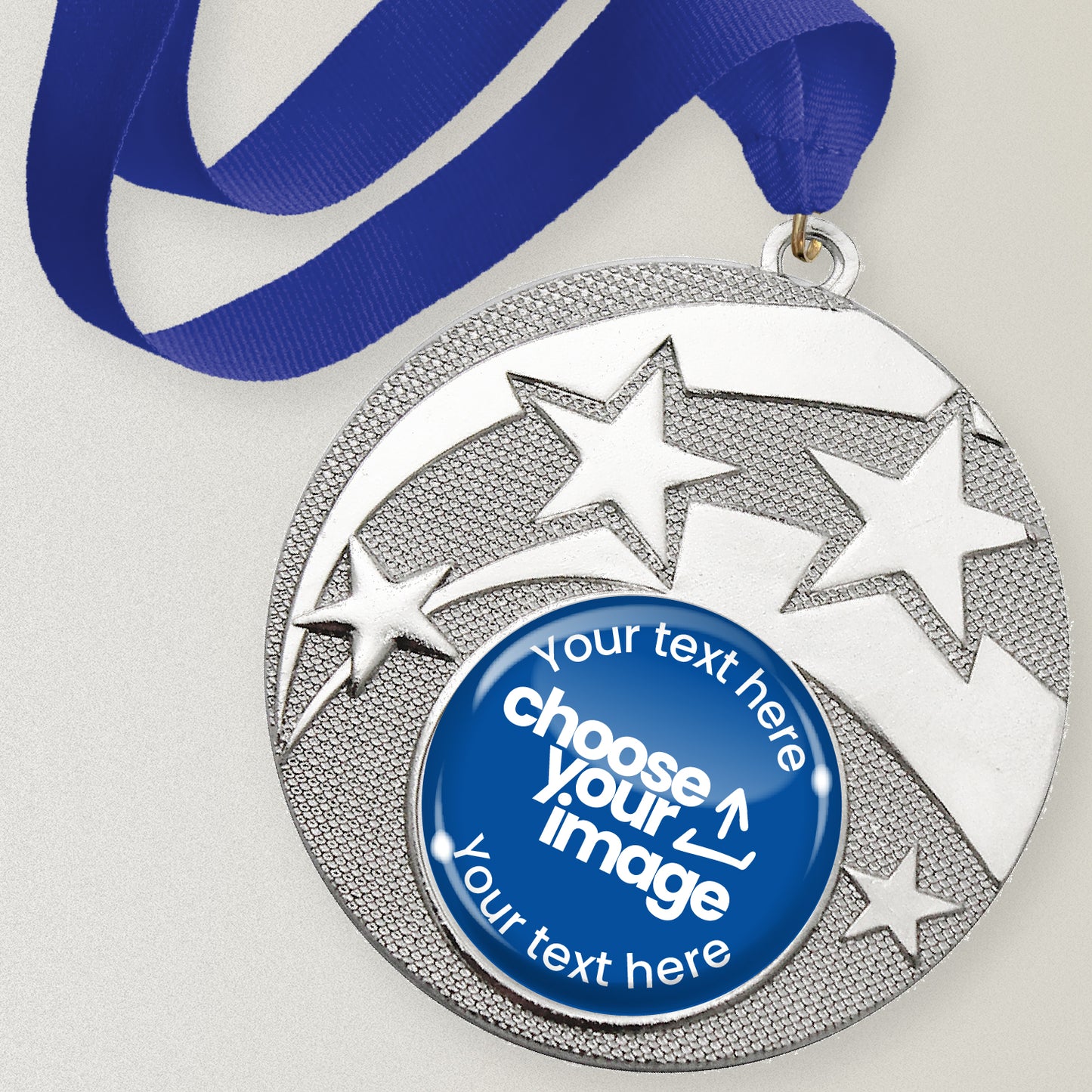 Silver star design medal with blue ribbon and customisable text and image area.
