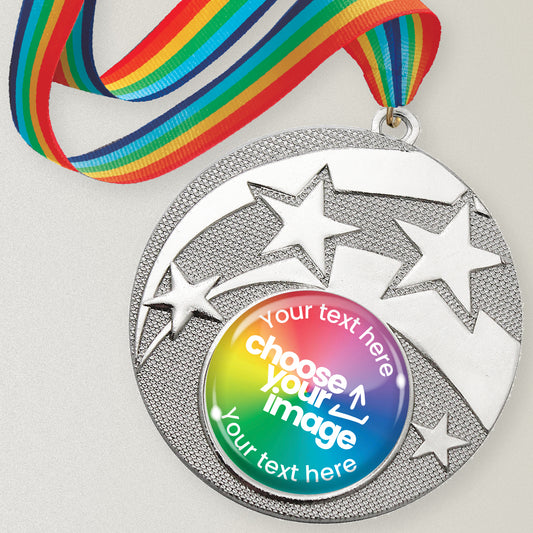 Silver star design medal with rainbow ribbon and customisable text and image area.