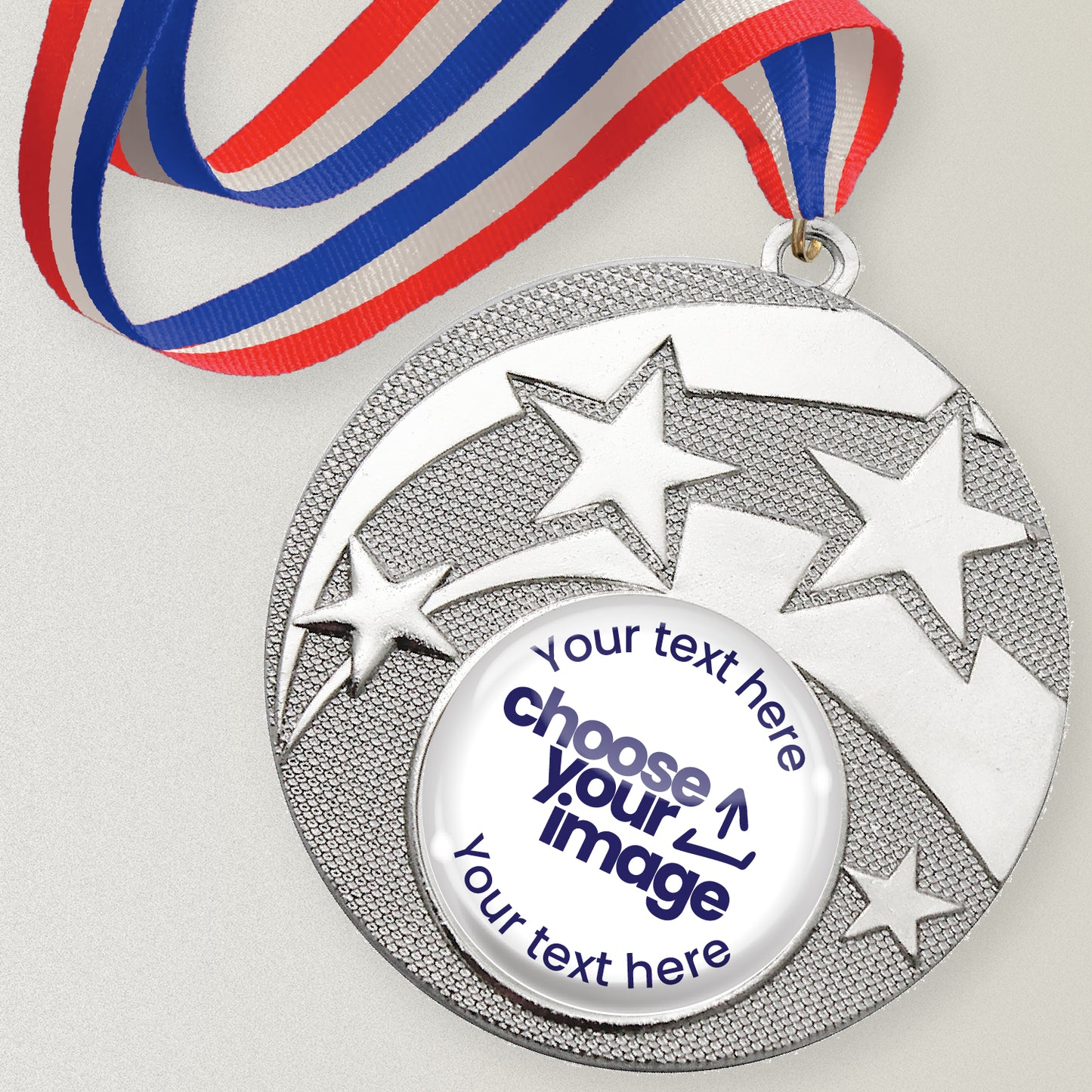 Silver star design medal with red, white and blue ribbon and customisable text and image area.