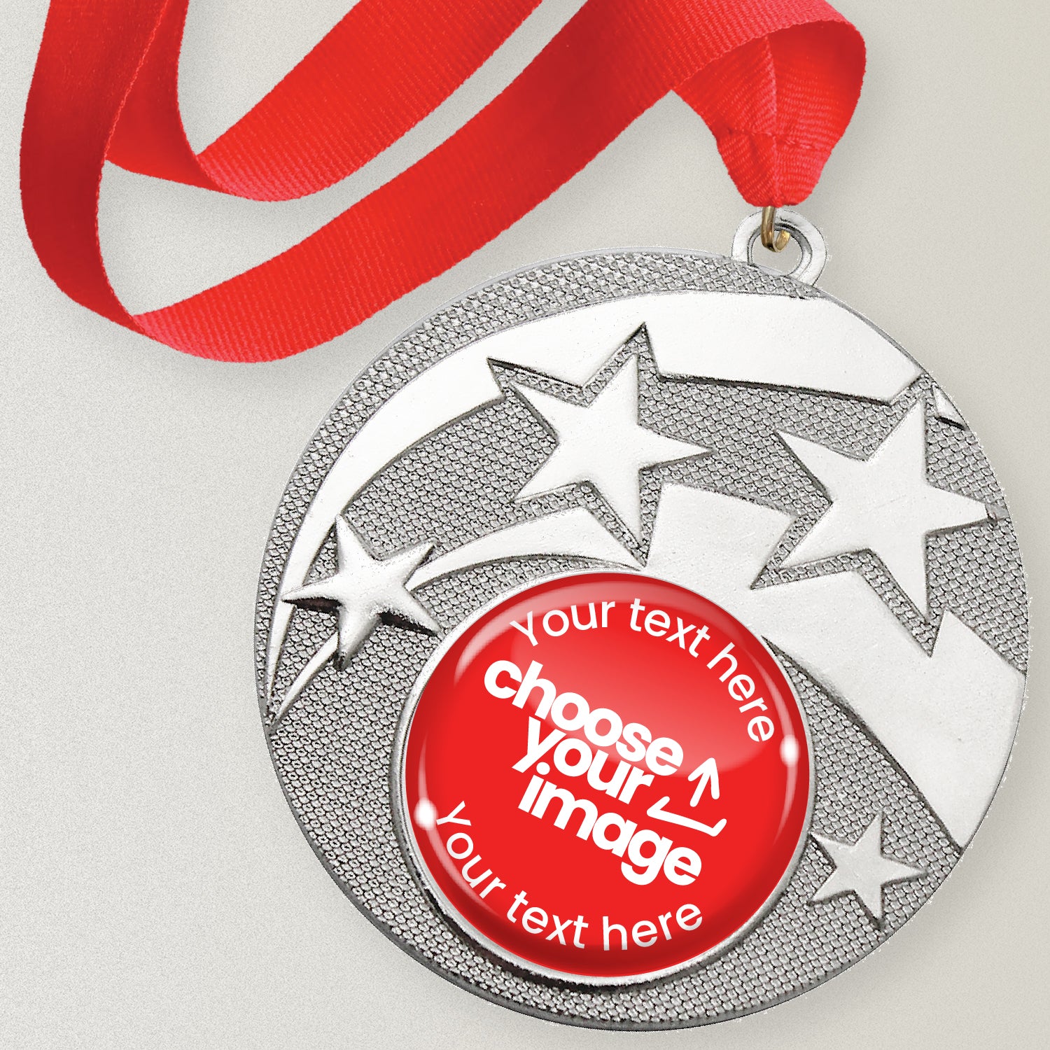 Silver star design medal with red ribbon and customisable text and image area.
