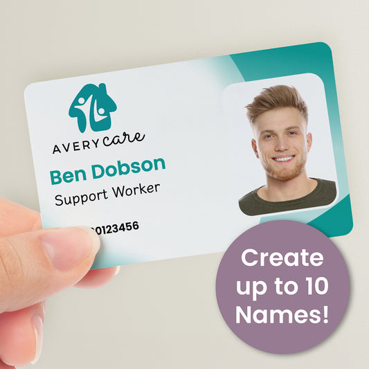 A personalised ID card with a photo and company logo, featuring a teal gradient background. Create up to 10 Names!