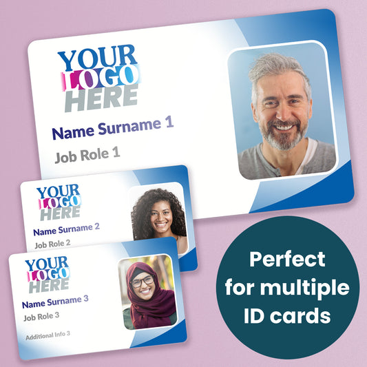 Three personalised ID card with a photo and company logo, featuring a blue gradient background. Text saying, 'Perfect for multiple ID Cards'.