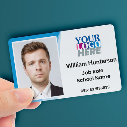Customisable ID card measuring 86mm by 54mm, featuring a dark teal background with a border incorporating your uploaded logo; includes space for a photo, name, role, and additional details—ideal for school staff, visitors, or pupils.