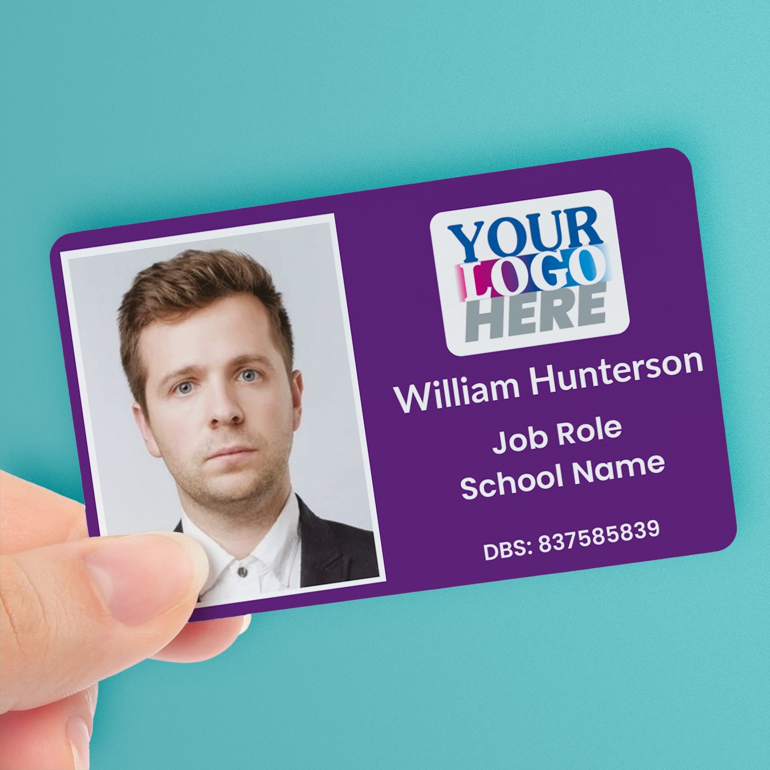 Customisable ID card measuring 86mm by 54mm, featuring a teal background with a border incorporating your uploaded logo; includes space for a photo, name, role, and additional details—ideal for school staff, visitors, or pupils.