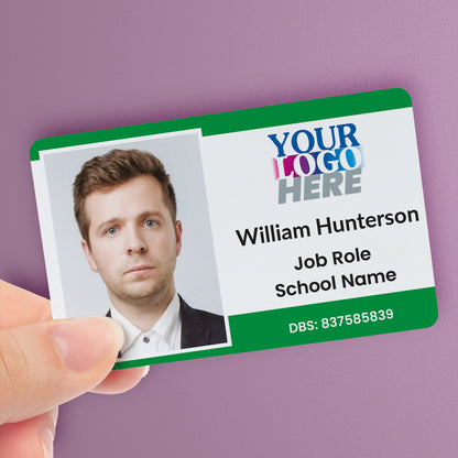 Customisable ID card measuring 86mm by 54mm, featuring a purple background with a border incorporating your uploaded logo; includes space for a photo, name, role, and additional details—ideal for school staff, visitors, or pupils.