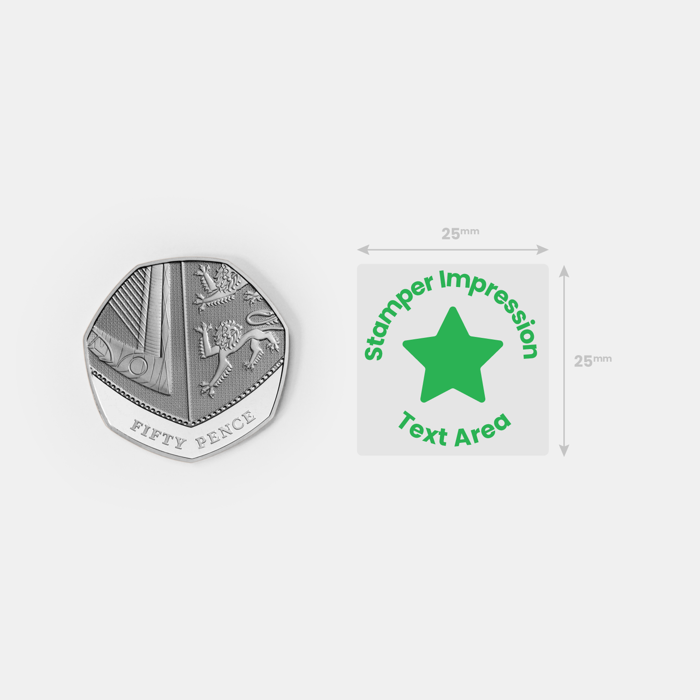 50p as comparison and text area for stamp impression