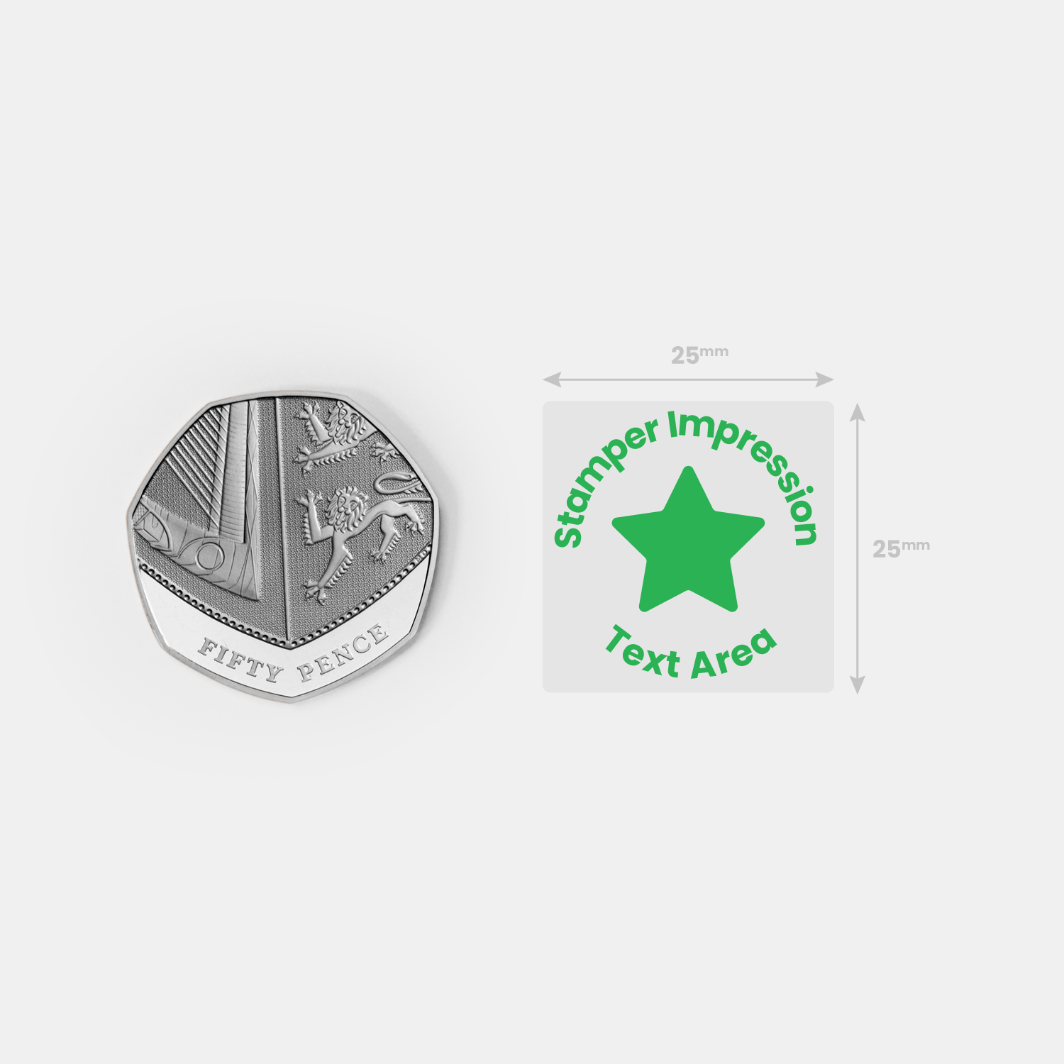 50p as comparison and text area for stamp impression