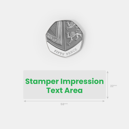 Silver 50p coin as reference to stamper impression size