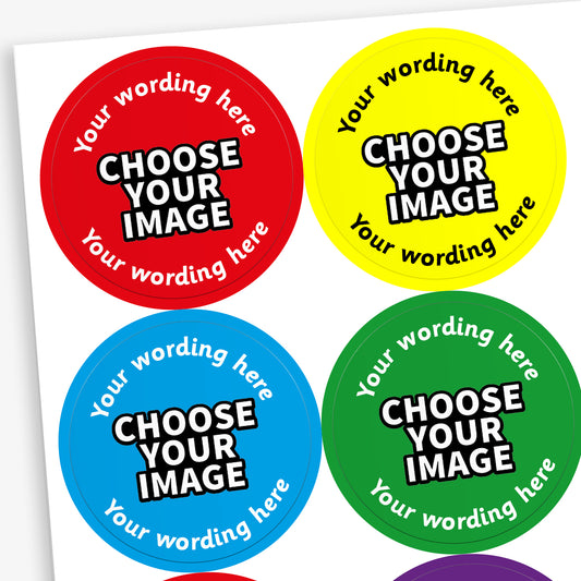 A collection of round colour mix stickers with a 'Choose Your Image' text and a space for customized wording, displayed in various colours.